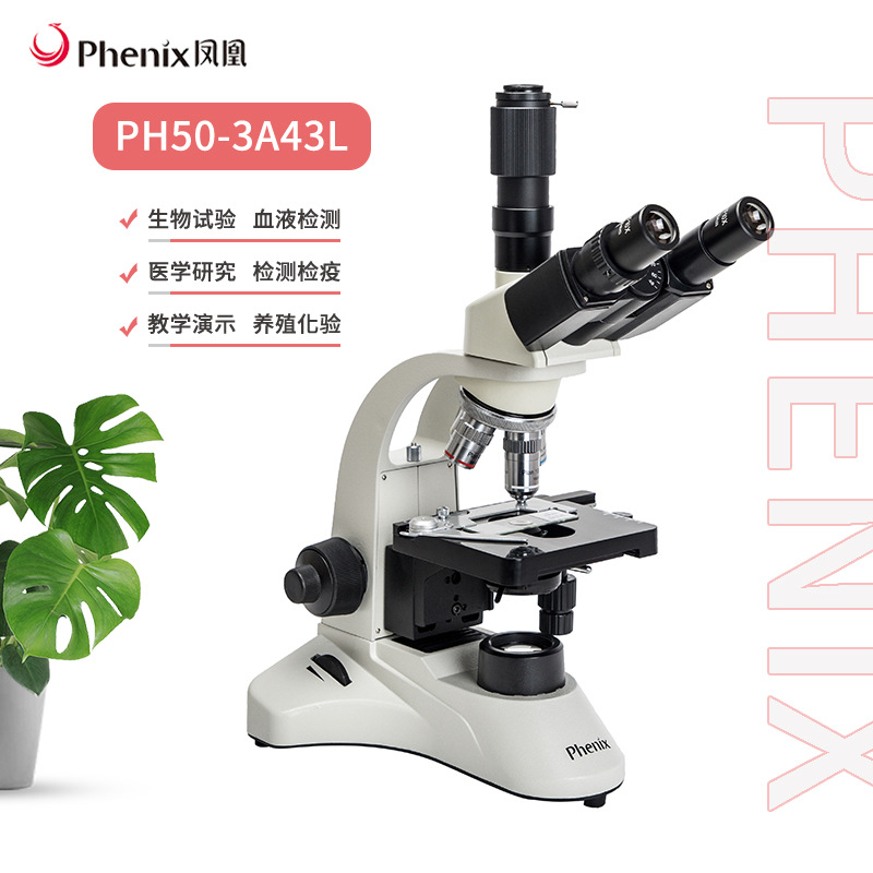 凤凰三目生物显微镜PH50-3A43L-A光学1600高倍高清科学渔牧养殖