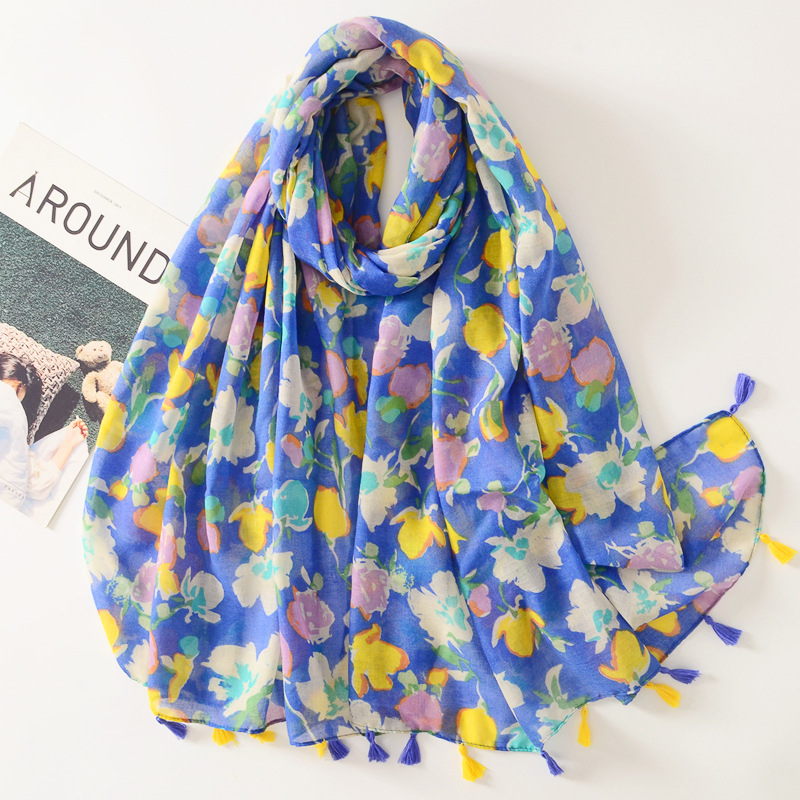 Estilo coreano elegante viaje protector solar Toalla de playa azul floral impreso bufanda larga borla bufanda grande chal exterior