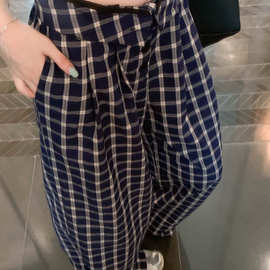 格子直筒休闲裤女早秋新款复古高腰宽松阔腿慵懒风拖地长裤子ins