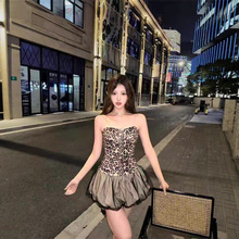 美式豹纹吊带连衣裙女秋冬鱼骨收腰花苞蓬蓬裙高级感内搭抹胸裙子