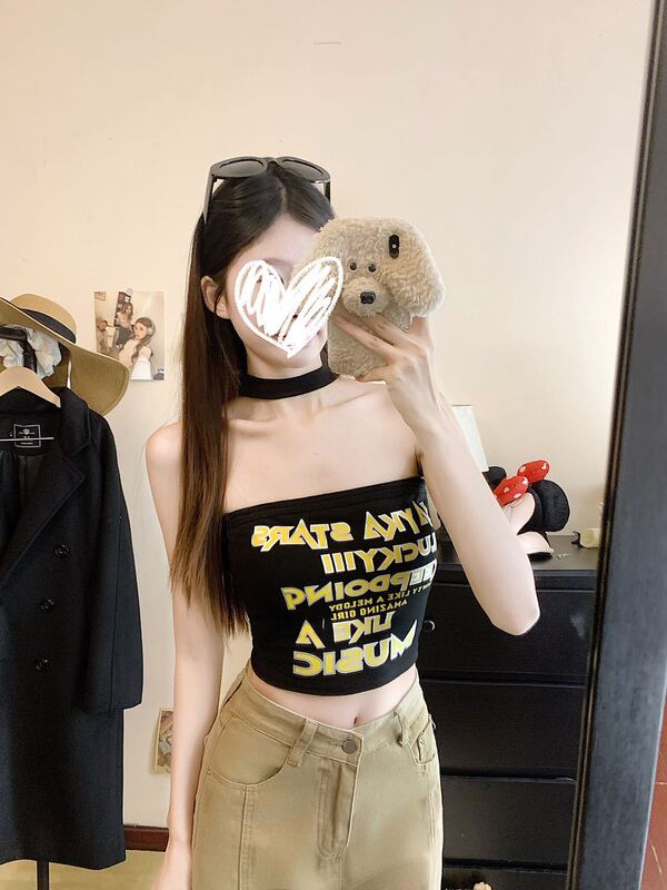 アメリカンホットガールレタープリントホルターネックチューブトップ女性の夏の新しいデザインニッチ痩身トップ|undefined