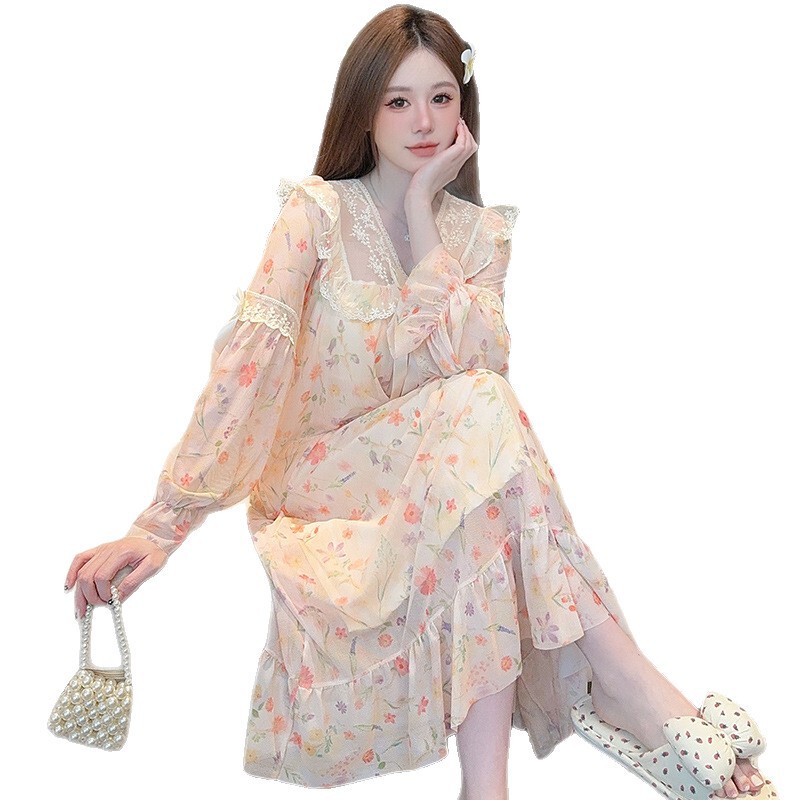 凌蕾春秋季碎花蕾丝蝴蝶结网纱宫廷公主风中长睡裙睡衣家居服女|undefined