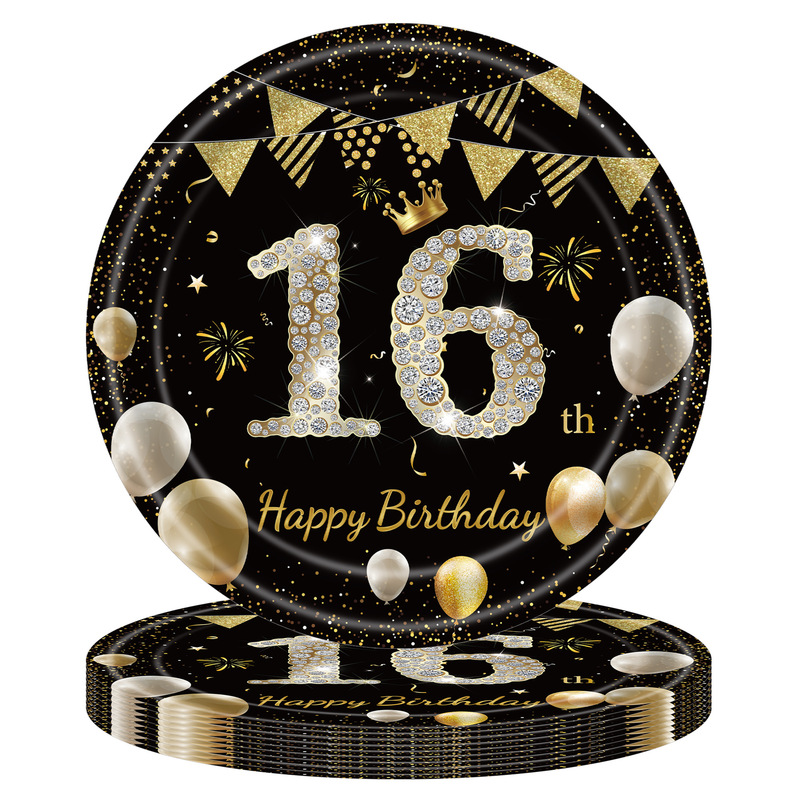 黑金周岁生日派对纸盘21岁30岁100岁纪念日一次性餐盘纸巾桌布|undefined