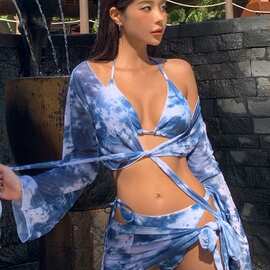 泳衣女ins风性感扎染分体比基尼四件套雪纺罩衫披纱聚拢度假泳装