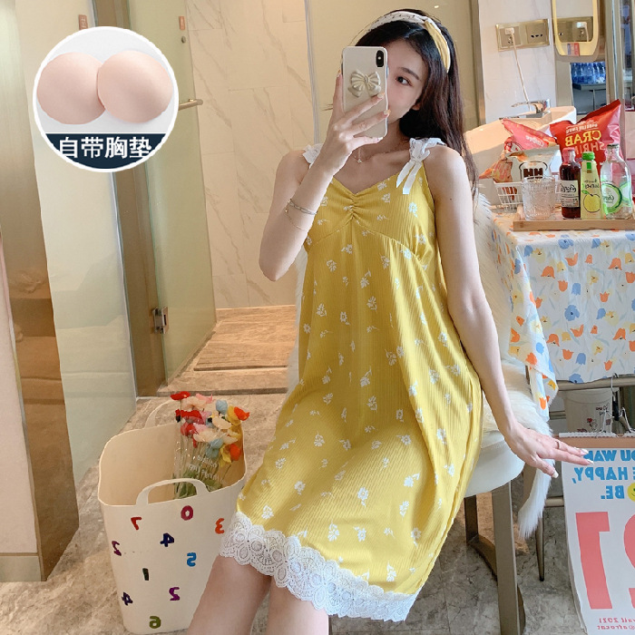 Ropa para el hogar de las mujeres con almohadilla para el pecho nueva correa pijamas camisón de las mujeres de media longitud de encaje de verano dulce princesa estilo