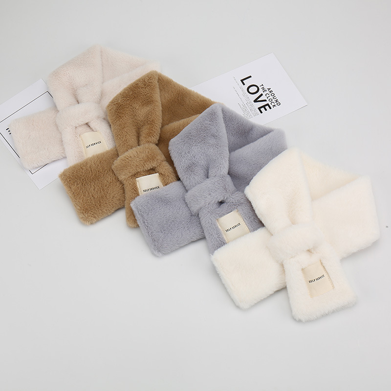 Cachecol de pelúcia de imitação de pele de coelho para mulheres, outono e inverno, cachecol macio, estudante, menina, cor pura, cruzado, quente, espesso, estilo k.