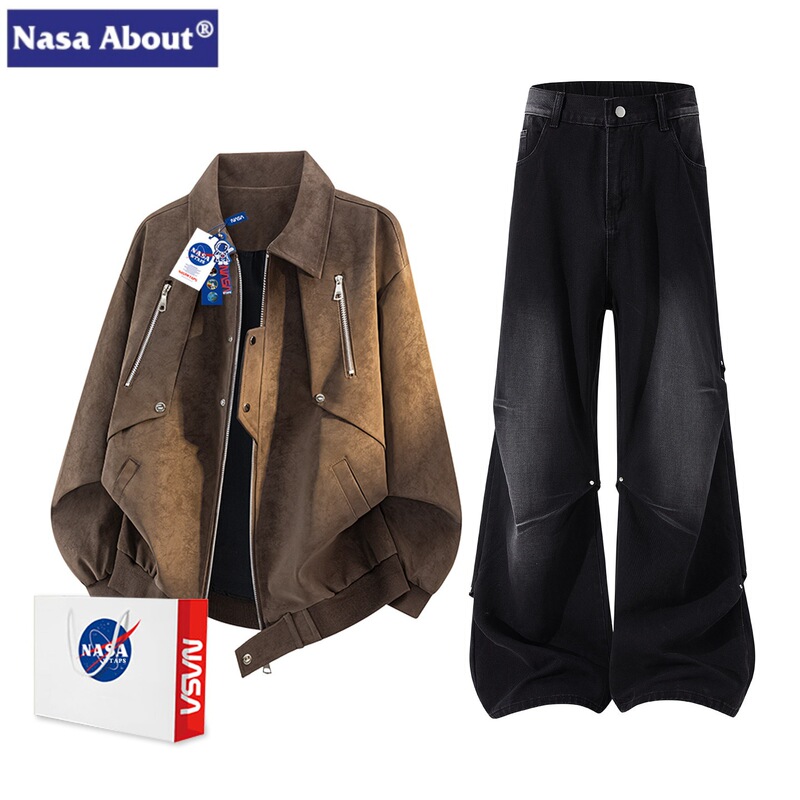 NASA ABOUT Metal Design Retro Workwear Leather Jacket Set for Men, Autumn High Street Coat and Jeans NASA ABOUT Metal Design Retro Workwear Leather Jacket Set for Men, Autumn High Street Coat and Jeans