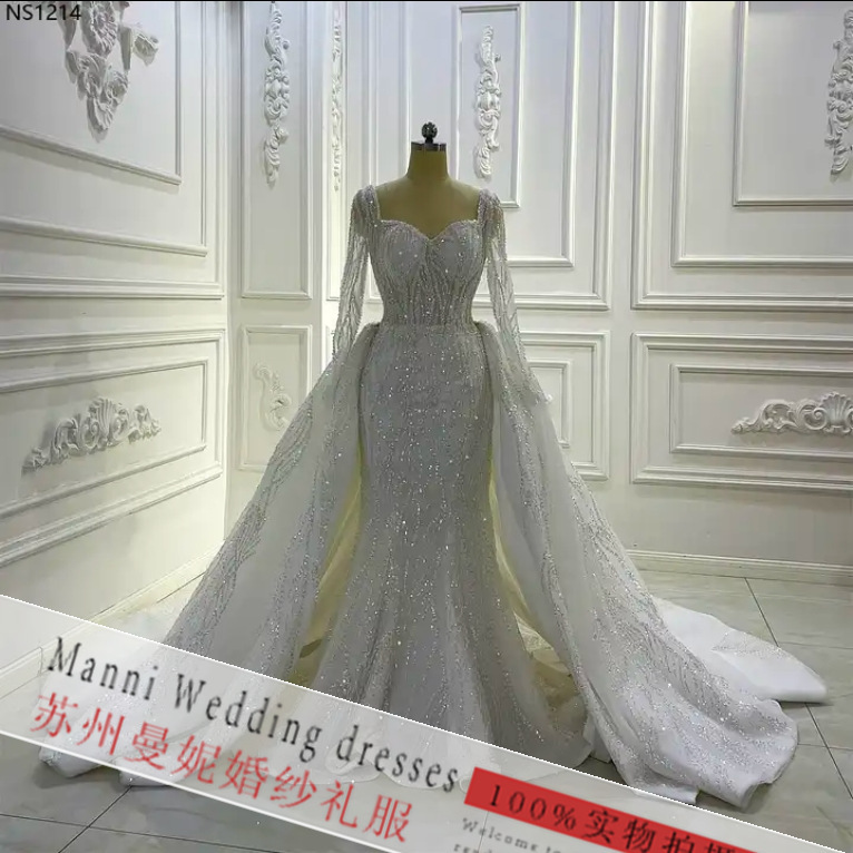 2026 New Foreign Trade Wedding Dress African Cross-Border Bride Detachable Mermaid Lace Long-Sleeve Wedding Dress