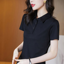 棉修身气质polo衫女2024新款黑色百搭t恤女春夏短袖休闲翻领上衣