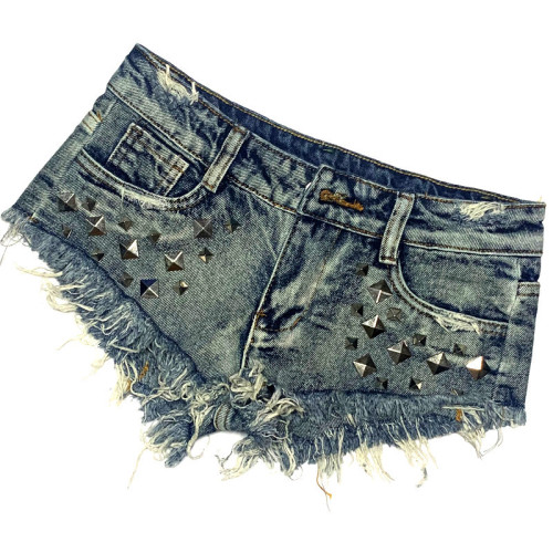 Short denim shorts with ultra-low waist, ultra-short denim shorts, Western punk style club women's pants, frayed and washed with hair edge and holes