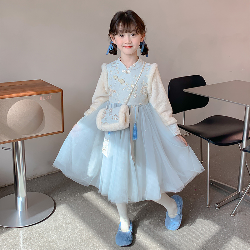 Girls' Cheongsam Dress Winter 2025 New Fleece-Lined Autumn and Winter Skirt Fashionable Princess Dress Winter Clothing Kidsren's Han Dynasty
