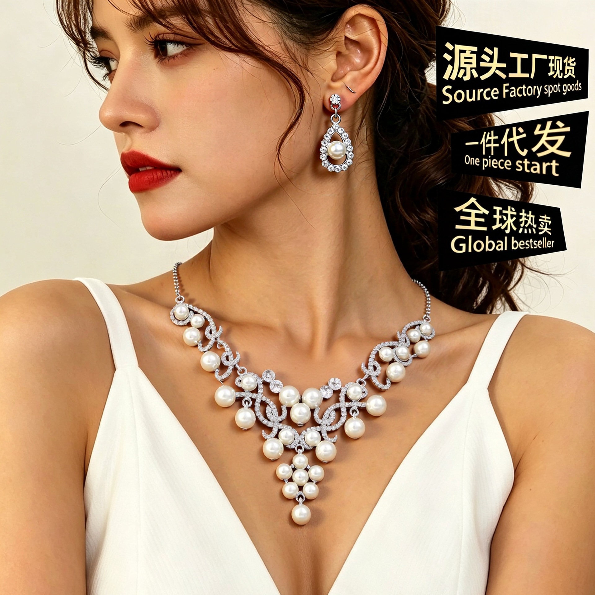 欧美珍珠项链耳环套装女时尚气质爆款合金水滴形花朵新娘礼服个性