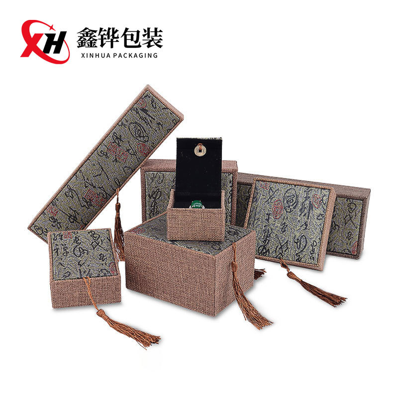 复古礼品木盒 字纹麻布流苏佛珠手串吊坠首饰盒 项链包装盒饰品盒
