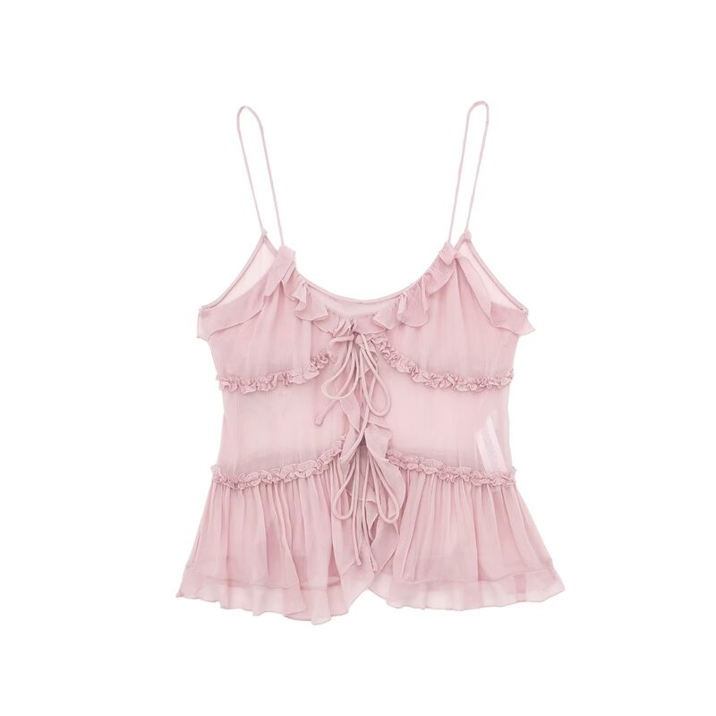 Now 2025 European and American style summer women's new translucent laminated decorative top small suspender 8750 Now 2025 European and American style summer women's new translucent laminated decorative top small suspender 8750