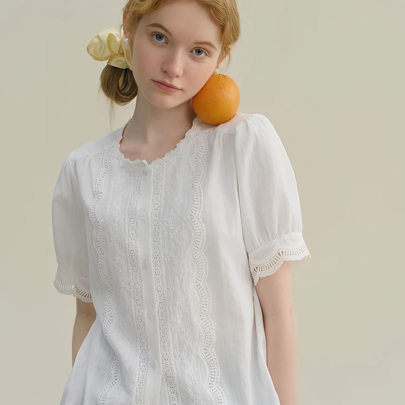Rina Bery Round Neck Embroidered Hollow Cuff Lace French Country Style Simple Design Blouse Shirt Rina Bery Round Neck Embroidered Hollow Cuff Lace French Country Style Simple Design Blouse Shirt