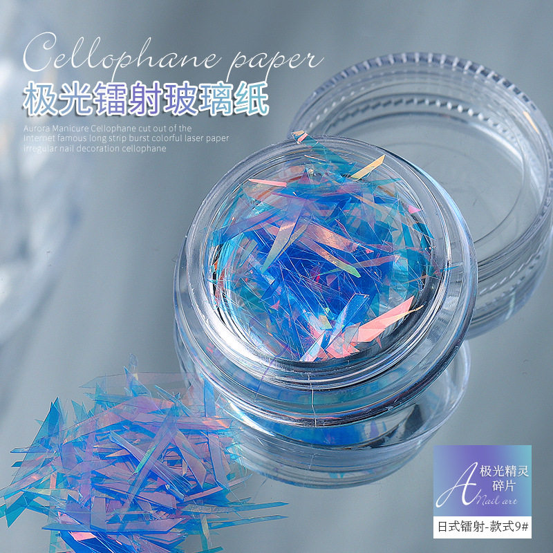 Aurora elfo fragmentos irregulares celofán Corte libre tira flash colorido láser papel uñas pegatina al por mayor