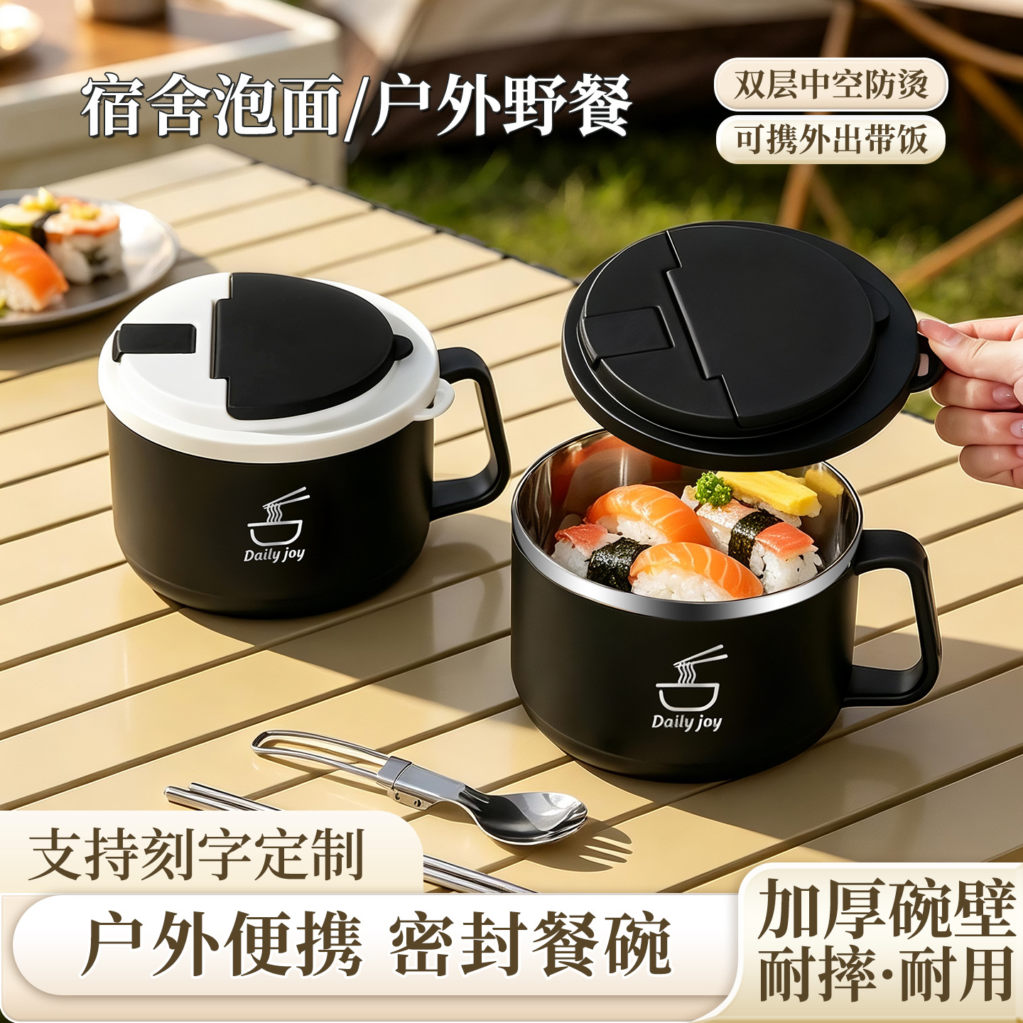 304不锈钢泡面碗带盖带筷勺学生食堂打饭碗 上班族便携密封汤面碗