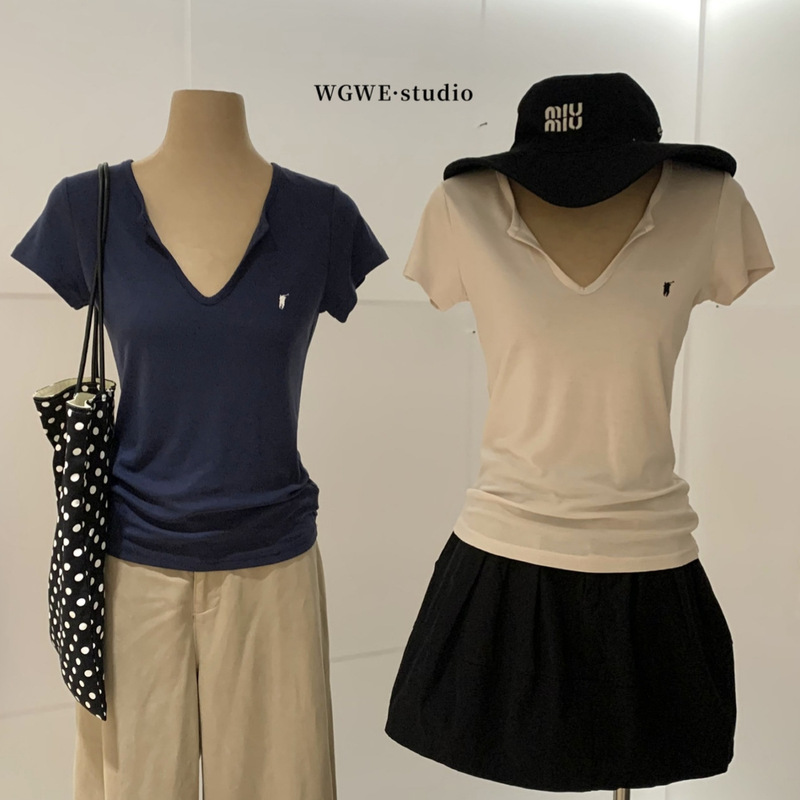 Wgwe9941 Summer New Women's Fashion Guangzhou Thirteen Lines Petite V-Neck Embroidered Waist-Cinching Short Sleeve T-Shirt Thin Top