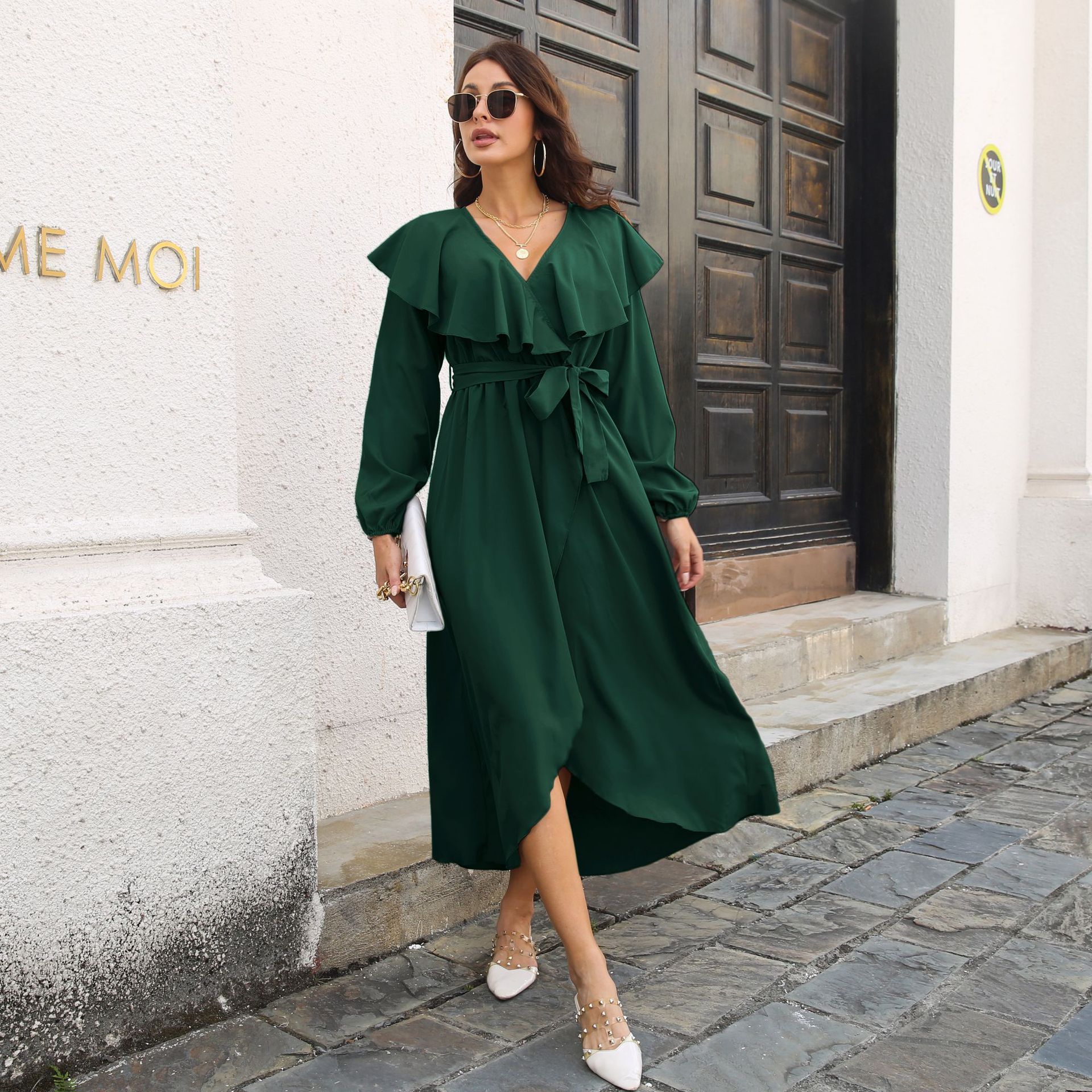 Ruffled V neck Long Sleeve Dress Wrap Split Expansion Maxi Dress Women Women Clothing 19 Ruffled V neck Long Sleeve Dress Wrap Split Expansion Maxi Dress Women Women Clothing