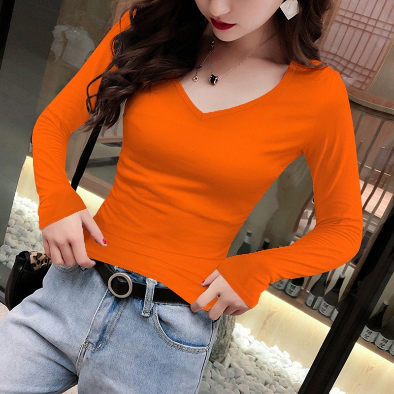 春と秋の女性用Vネックボトリングシャツ、スタイリッシュな高品質の秋服、右肩スリム長袖ハートネックTシャツ、トレンディ|undefined