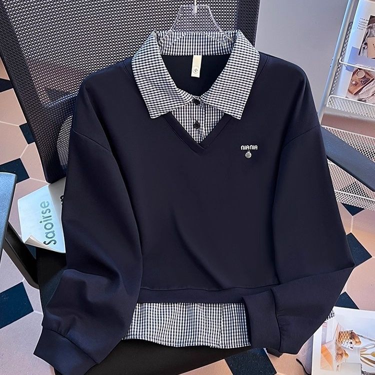 假两件拼接格子polo翻领卫衣女春秋季2025新款设计感宽松无帽上衣|undefined