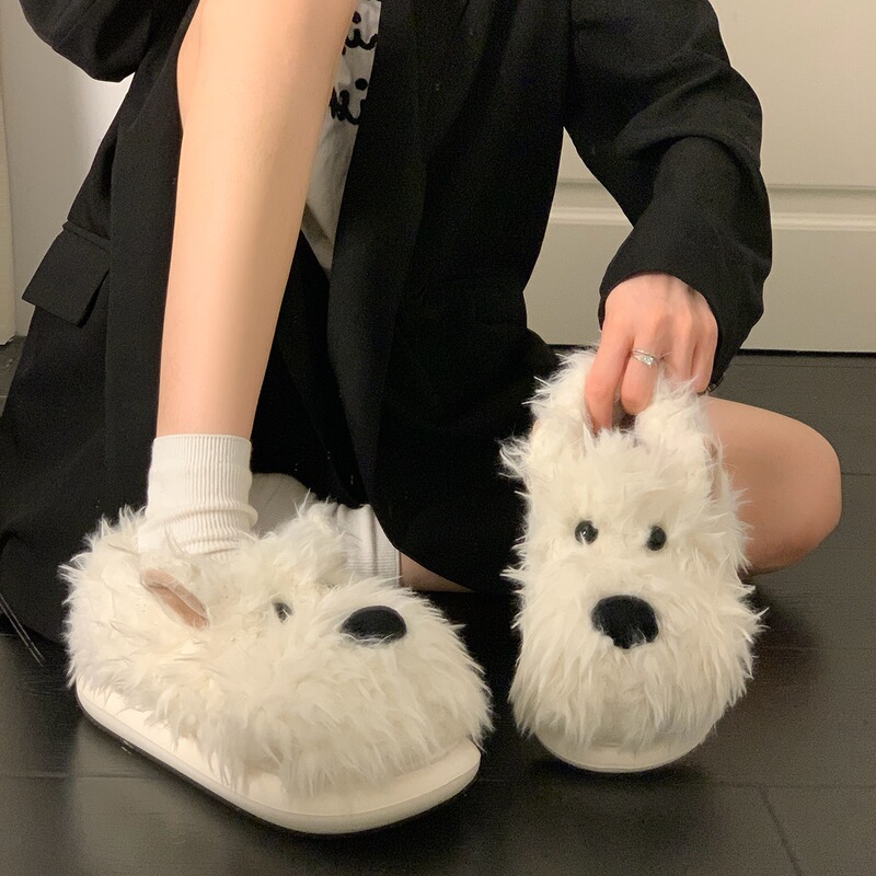 可爱卡通小狗包跟棉拖鞋女外穿2025秋冬新款厚底百搭加绒毛毛拖鞋|undefined