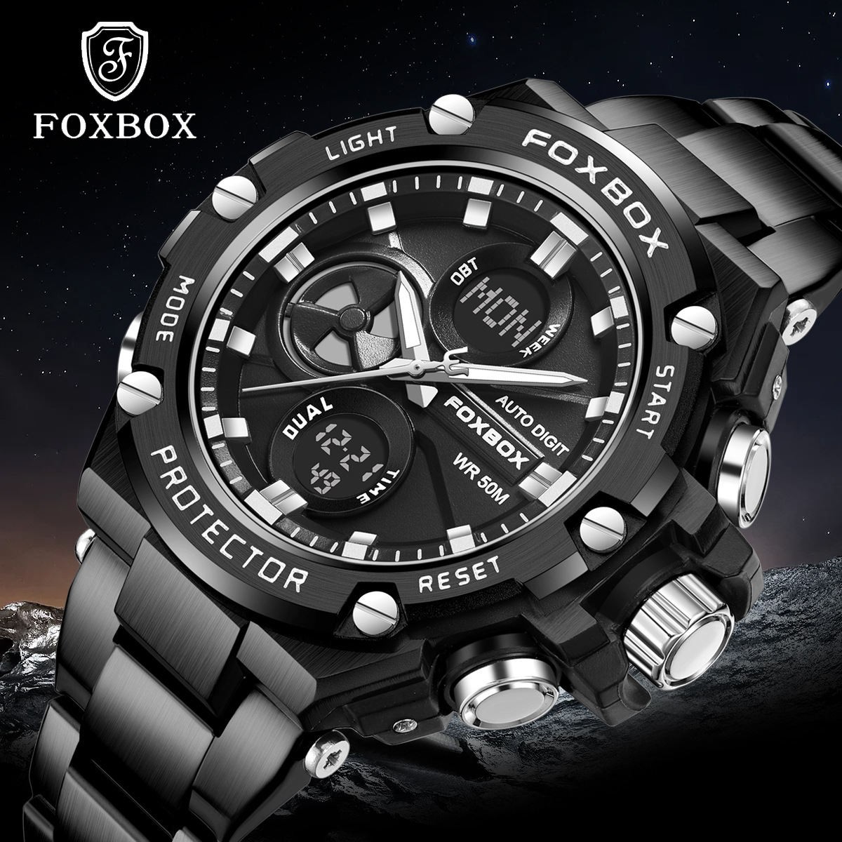FOXBOX / clásico hombre doble pantalla multifunción reloj de despertador impermeable luz nocturna de moda reloj de pulsera de correa de acero