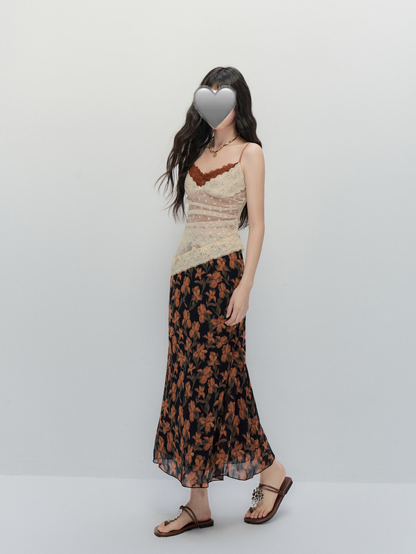纯欲碎花蕾丝掐腰连衣裙女夏御姐小众古着吊带裙长裙|undefined