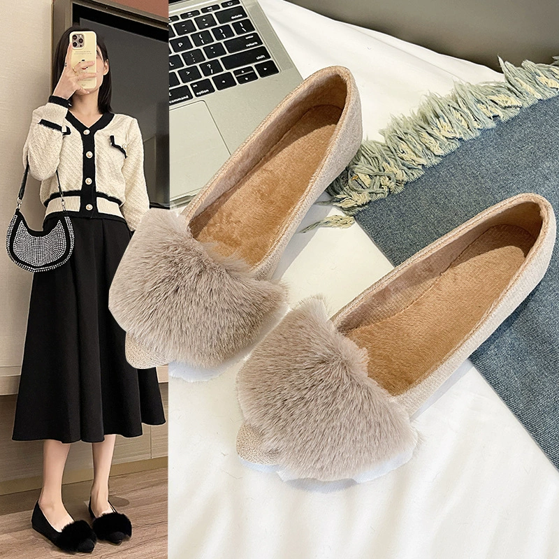 2024 Весенний и Осенний плоский волосатый остроконечный одиночный ботинок женский светло-рот волосатый шарик милый мягкий нижний плоский бобовый ботинок беременная обувь