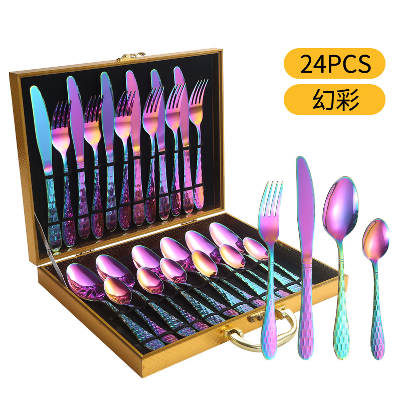 Cuchilleras de acero inoxidable 24 piezas de restaurante de hotel cuchillo y tenedor cucharas conjuntos conjuntos de caja de regalo de serie de cubo de agua transfronteriza