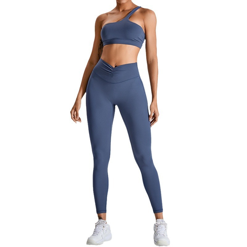 Transfronterizo nuevo oblicuo ropa de Yoga de un hombro traje delantero de Mujer Pantalones de Yoga de melocotón plisado deportes de secado rápido correr ropa de fitness
