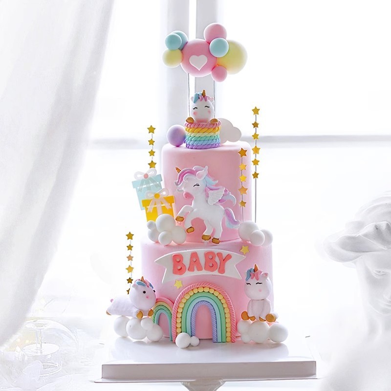 子供のファンタジーピンクの誕生日ケーキデコレーションユニコーン蝶オーナメントおとぎ話の夢レインボーベーキングプラグイン|undefined