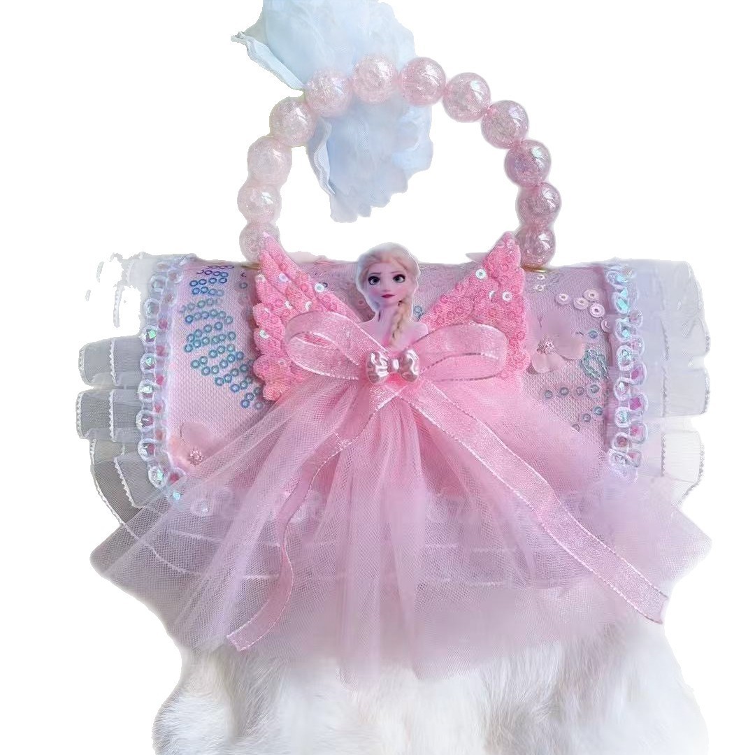 Bolso de princesa portátil de perlas, arco de encaje, bolso de hombro, bolso de cadena, bolso de cambio de Año Nuevo.