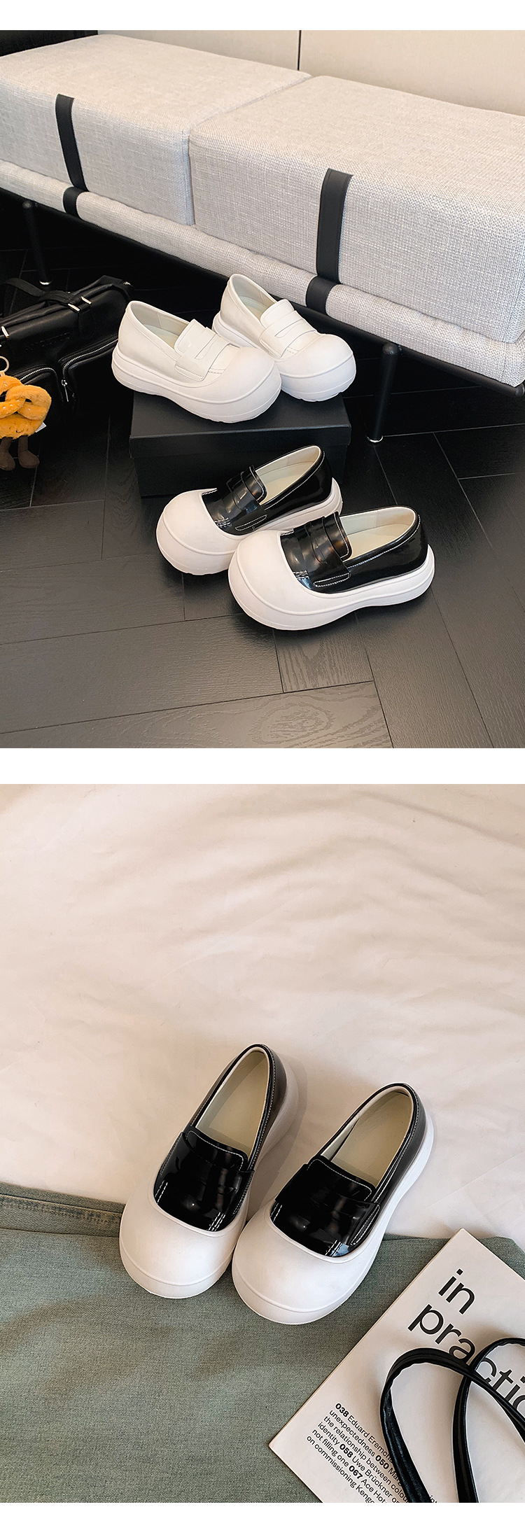 Giày loafer nữ đế dày 5cm da thật phong cách sneaker chunky — màu đen, màu trắng chi tiết 17