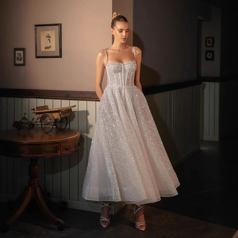 Strappy Silver Spray Short Wedding Dress with Puffy Skirt, Cross-Border E-Commerce Supply, Supports Dropshipping, European and American Style Short Wedding Dress