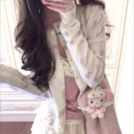 新款春秋韩系温柔碎花白色开衫毛衣女休闲短款针织上衣外套