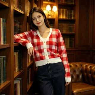 外贸跨境欧美eBay女装圣诞方格款针织开衫外套女春秋毛衣厂家批发