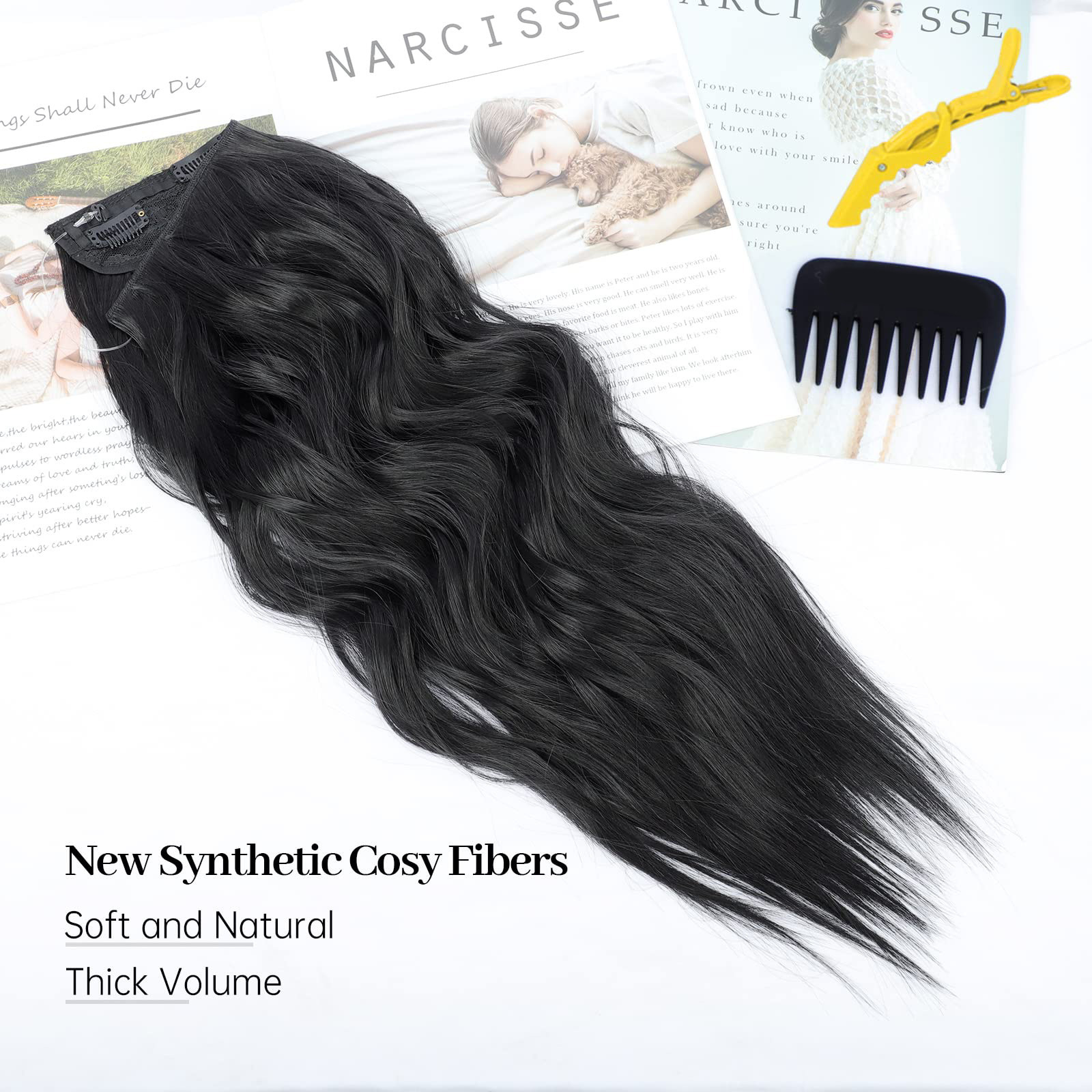 Peruca con 4 clips línea de pescado ondas invisibles extensión de cabello largo