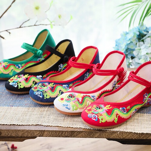 [Painted Dragon] Retro Embroidered Dragon Pattern Shallow Plate Buckle Low Heel Canvas Embroidered Cloth Shoes Women's Shoes