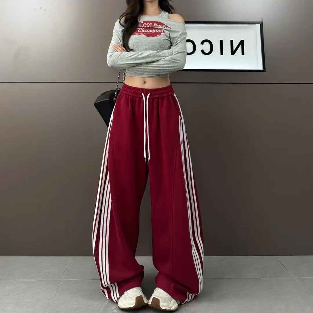 2025 Autumn New Casual Sports Pants Heavy Multi-Gold Strip Wide-Leg Loose Sweatpants for Women