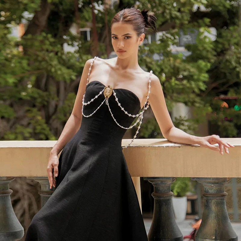 In Stock | Aliexpress European and American Foreign Trade Women's Clothing Crystal Rhinestone Strapless Hollow-Out Solid Color Dress Air Layer Dress