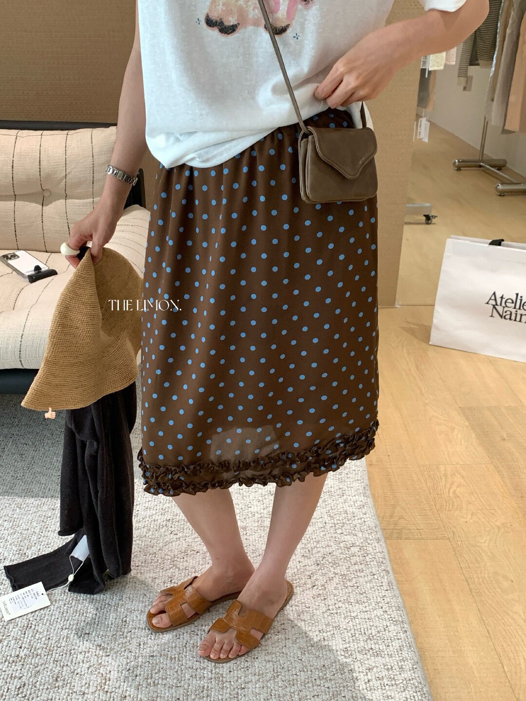Chân váy chữ A xếp ly họa tiết chấm bi cổ điển, cạp cao co giãn — Màu cà phê chi tiết 7