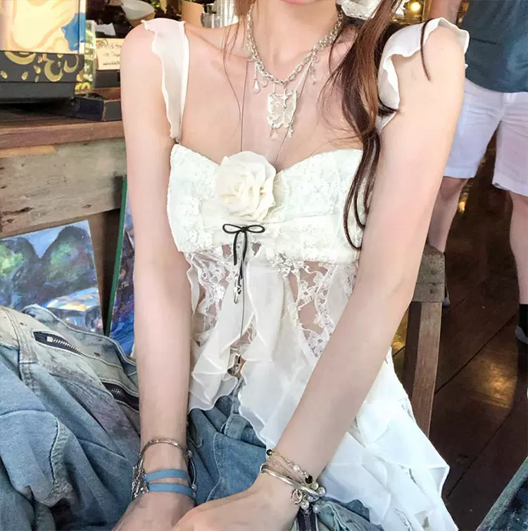 茶白茉莉 一字肩蕾丝网纱镂空吊带T恤女夏季辣妹显瘦上衣