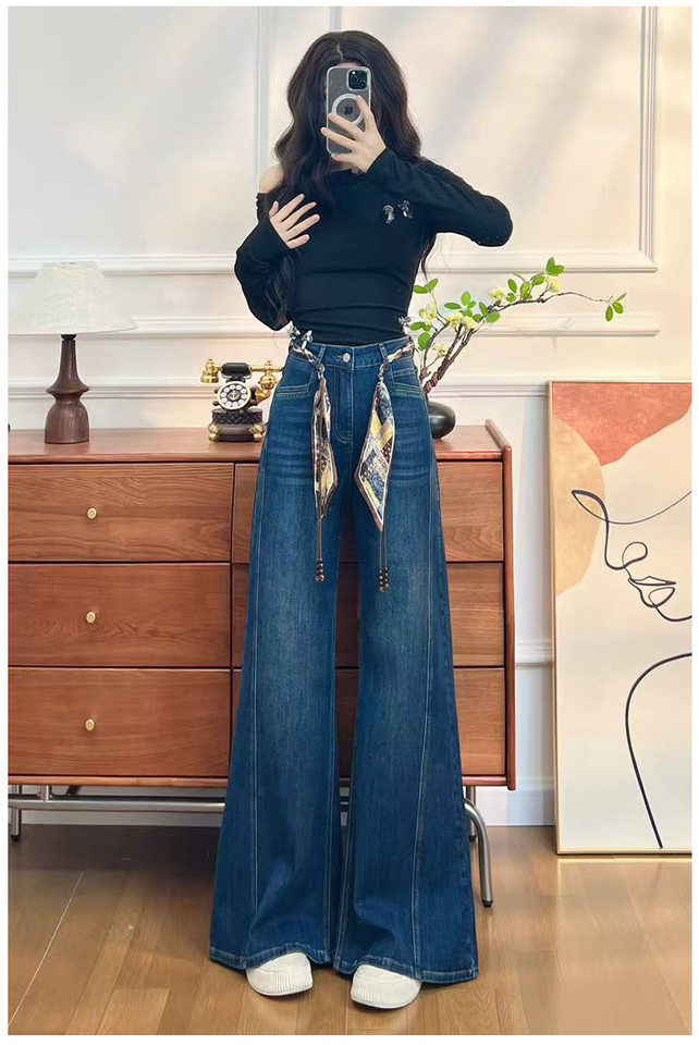 Quần jean nữ ống loe cạp cao co giãn, denim lót lông cừu mùa đông — Màu xanh vàng đen kéo dài, Quần xanh đen vàng, Retro màu xanh chín điểm, Vàng đen xanh chín điểm chi tiết 14