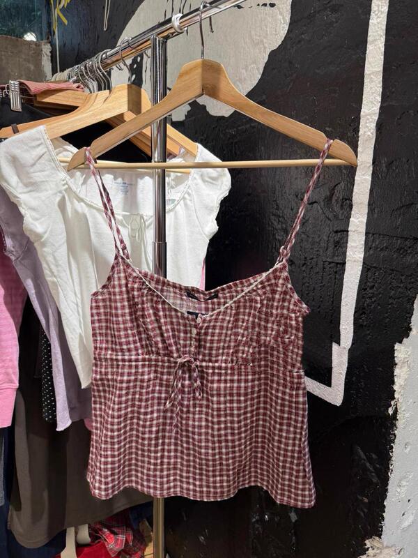 Bm Style American Red Plaid Lace V-Neck Outerwear Camisole for Women, Bm Tie-Waist Crop Top Bm Style American Red Plaid Lace V-Neck Outerwear Camisole for Women, Bm Tie-Waist Crop Top