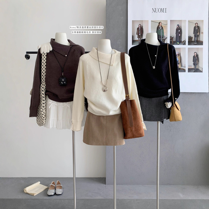 A Spoonful of Sweet Hers Lace Stitching Lapel Warm Sweater Women's 2025 Autumn and Winter Design Knitted Top