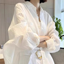 白色棉麻长袖衬衫女夏季法式宽松外搭防晒衬衣设计感小众亚麻上衣