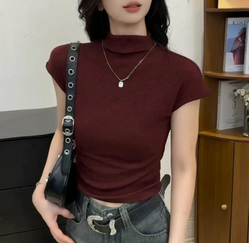 2025半高领短袖T恤女时尚纯色韩版显瘦早秋打底衫内搭女上衣显瘦|undefined