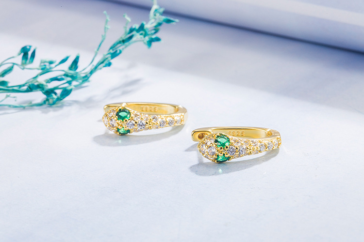 fashion diamond emerald copper 14K gold snake earrings