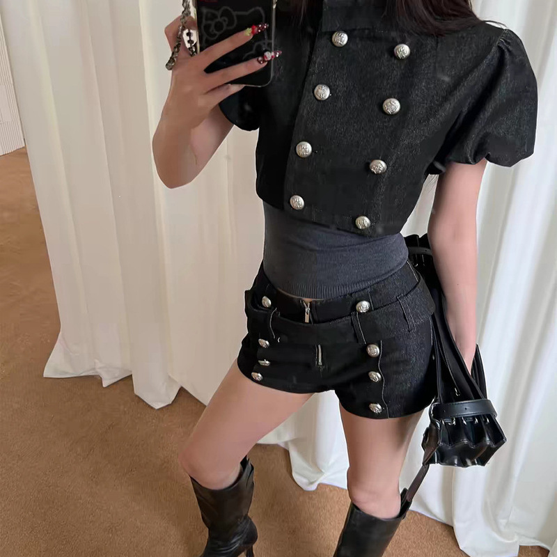 Hytemoly Retro Palace-Style Denim Suit with Puff Sleeves, Short-Sleeved Top, Mid-Low-Waist Shorts, Two-Piece Set for Women Hytemoly Retro Palace-Style Denim Suit with Puff Sleeves, Short-Sleeved Top, Mid-Low-Waist Shorts, Two-Piece Set for Women